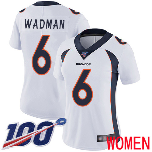 Women Denver Broncos #6 Colby Wadman White Vapor Untouchable Limited Player 100th Season Football NFL Jersey->youth nfl jersey->Youth Jersey